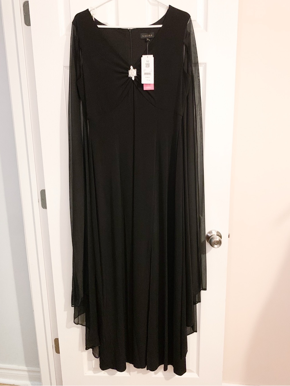Laura Black Long Sleeve Evening Dress with Sheer cape Overlay on back - size 10